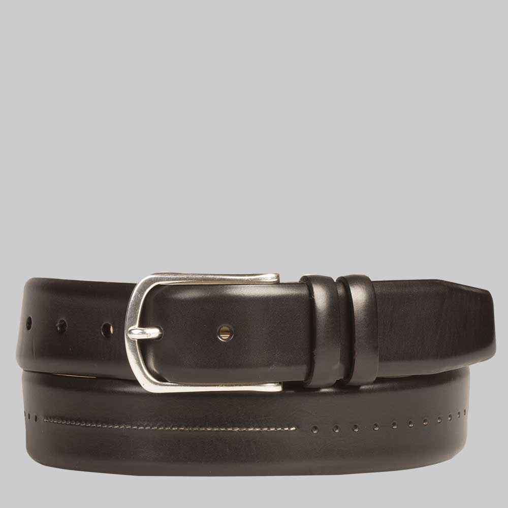 Black Calfskin Men's Belt on Sale with Center-Seam and Perforated Design - Mezlan Warehouse
