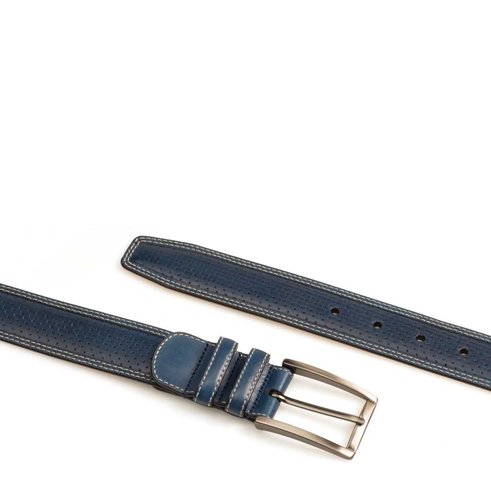 Royal Blue Men's Perforated Calfskin Belt on Sale with Smooth Leather Edge - Mezlan Warehouse