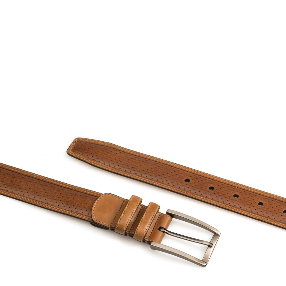 Honey Light Tan Brown Men's Perforated Calfskin Belt on Sale with Smooth Leather Edge - Mezlan Warehouse