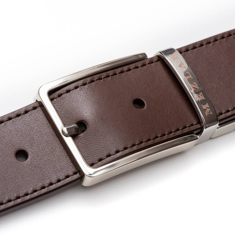 Mens Reversible Designer Belt in Brown and Burgundy with Mezlan Signature Buckle - Mezlan Belts
