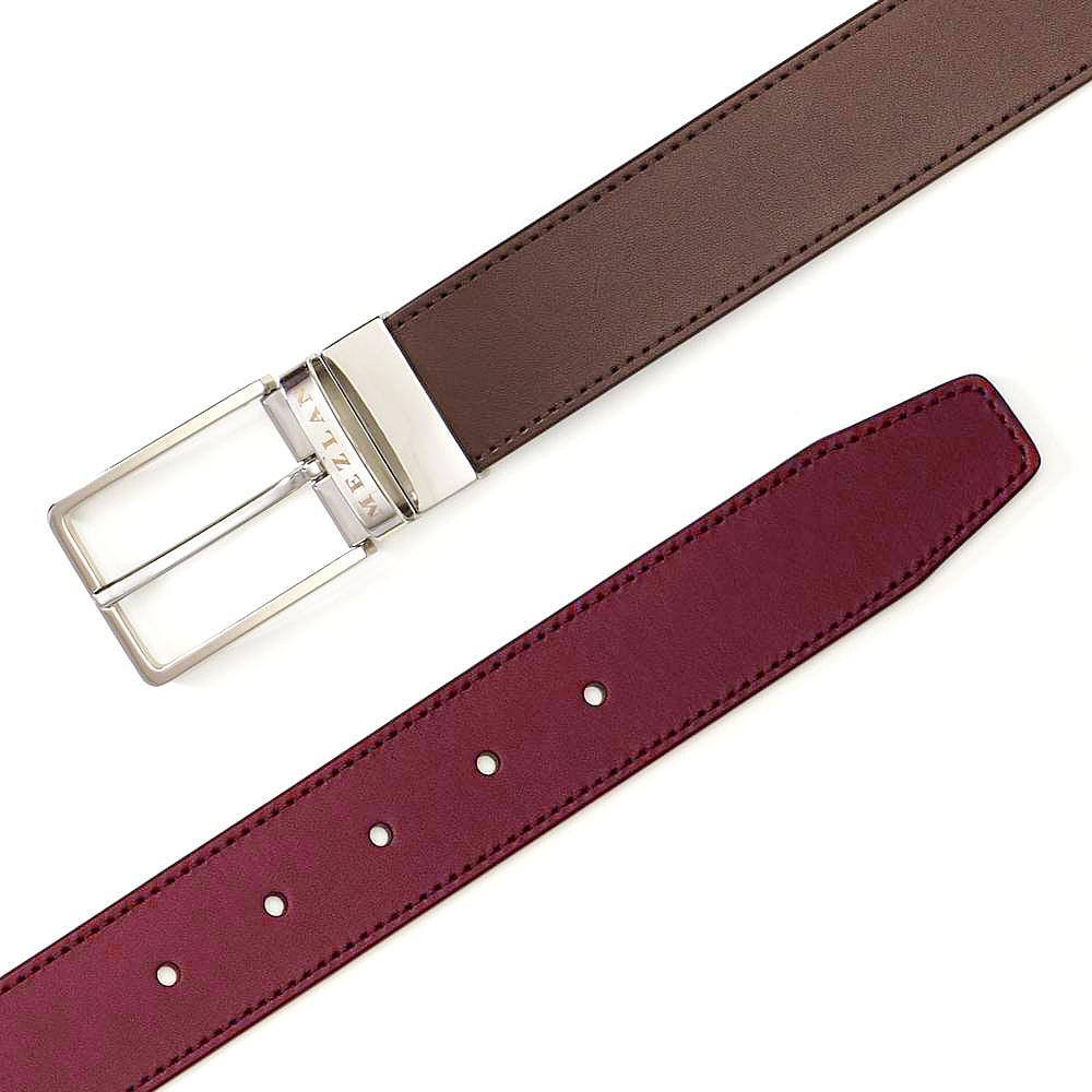 Mens Reversible Designer Belt in Brown and Burgundy with Mezlan Signature Buckle - Mezlan Belts