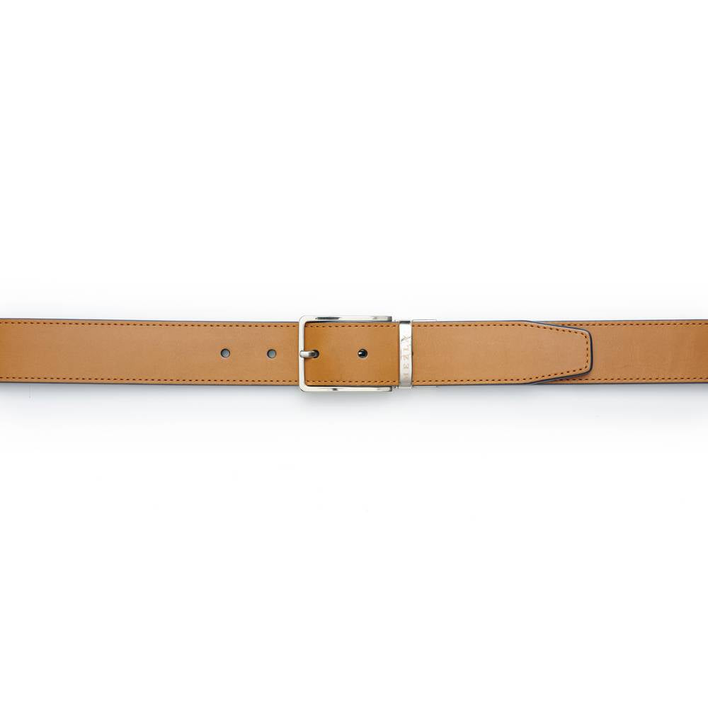 Mens Reversible Designer Belt in Cognac and Blue with Mezlan Signature Buckle - Mezlan Belts