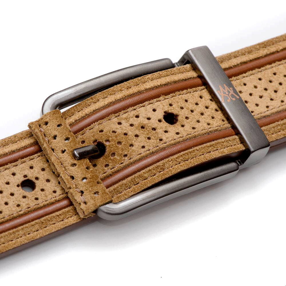 Camel and Cognac Men's Suede Belt - Perforated English Suede with Calf Piping - Mezlan Belts