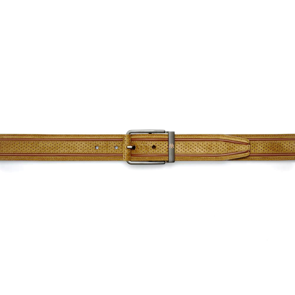 Men's Suede Belt in Camel and Cognac - Perforated English Suede with Calf Piping - Mezlan Belts