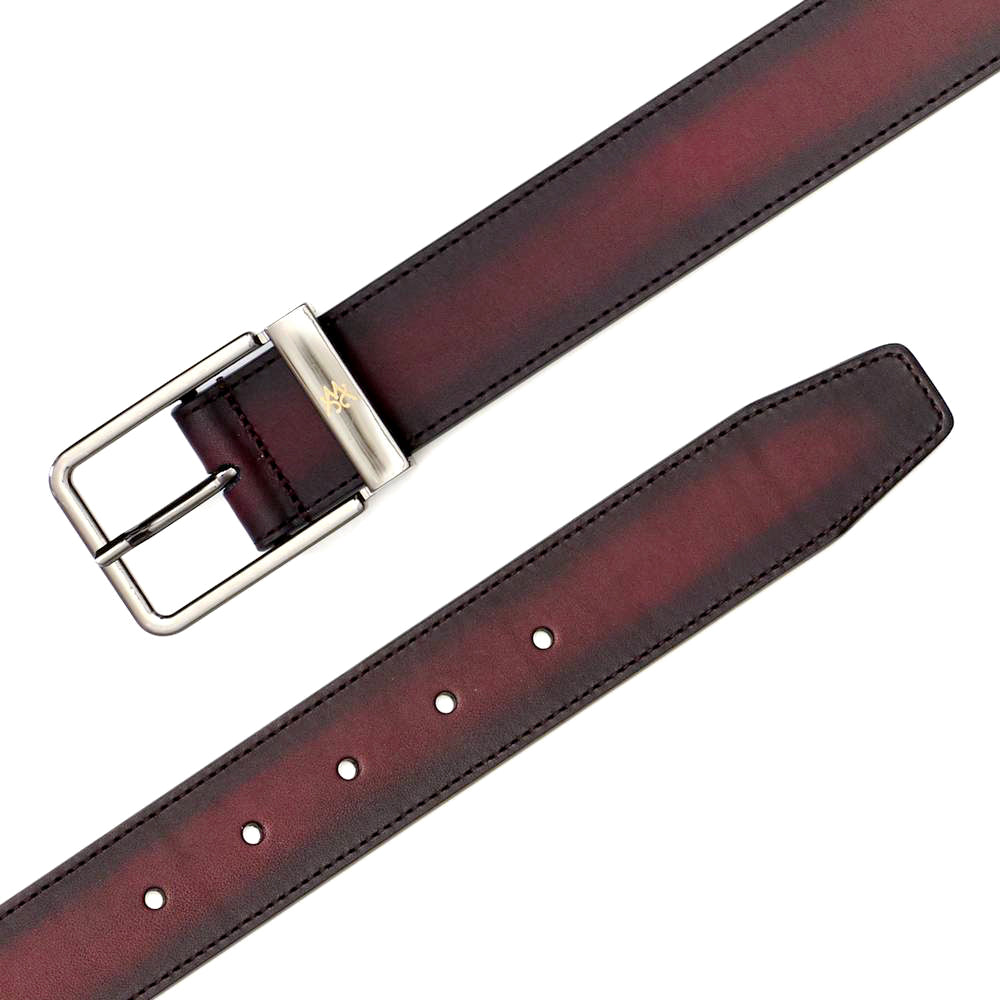 Mens Signature Patina Leather Belt in Burgundy - Mezlan Belts