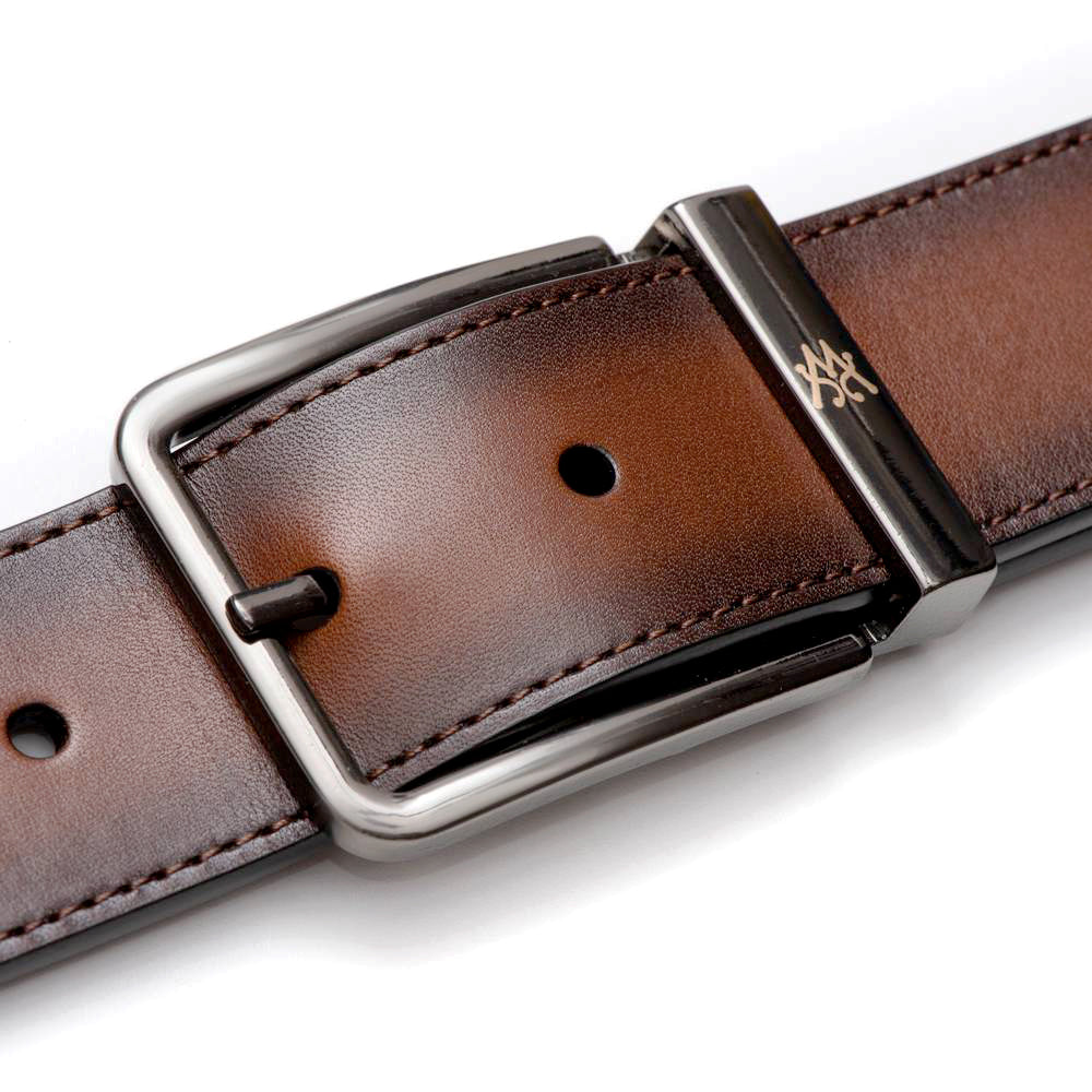Mens Signature Patina Leather Belt in Cognac - Mezlan Belts