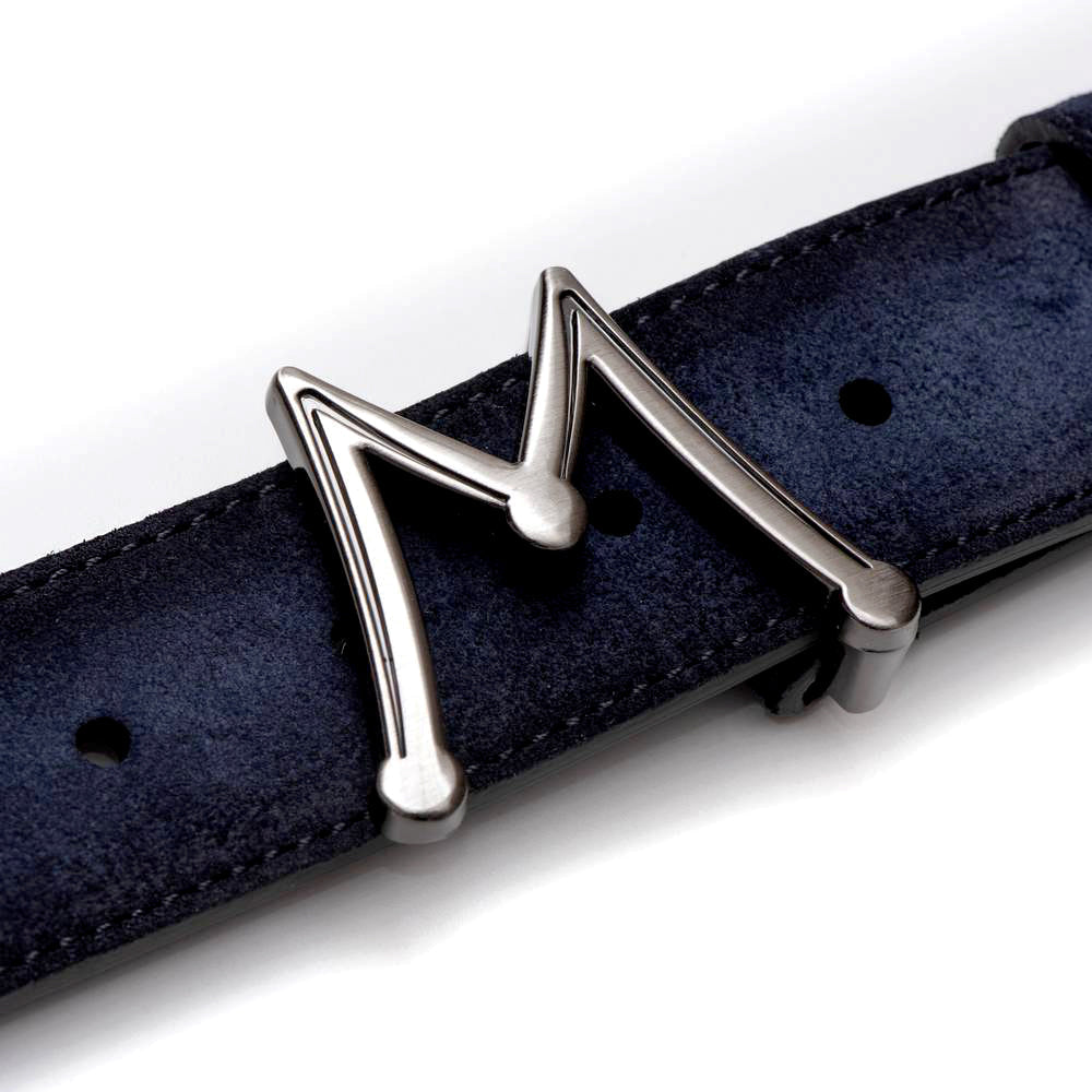 Blue Men's Suede Belt - Hand-Burnished Suede with Hi-Shine "M" Buckle - Mezlan Belts