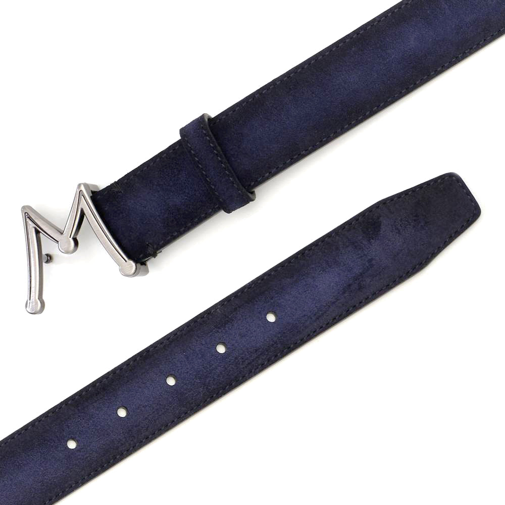 Blue Men's Suede Belt - Hand-Burnished Suede with Hi-Shine "M" Buckle - Mezlan Belts