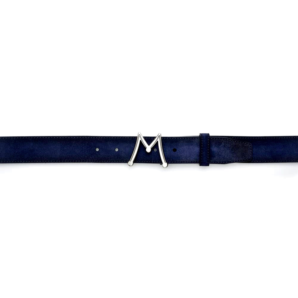 Blue Men's Suede Belt - Hand-Burnished Suede with Hi-Shine "M" Buckle - Mezlan Belts