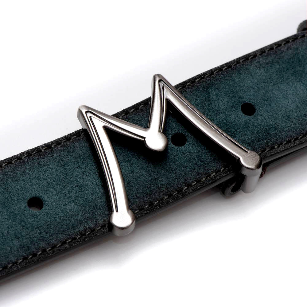 Green Men's Suede Belt - Hand-Burnished Suede with Hi-Shine "M" Buckle - Mezlan Belts