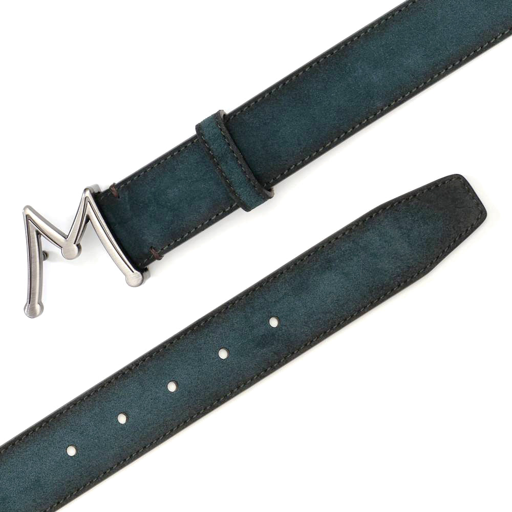 Green Men's Suede Belt - Hand-Burnished Suede with Hi-Shine "M" Buckle - Mezlan Belts