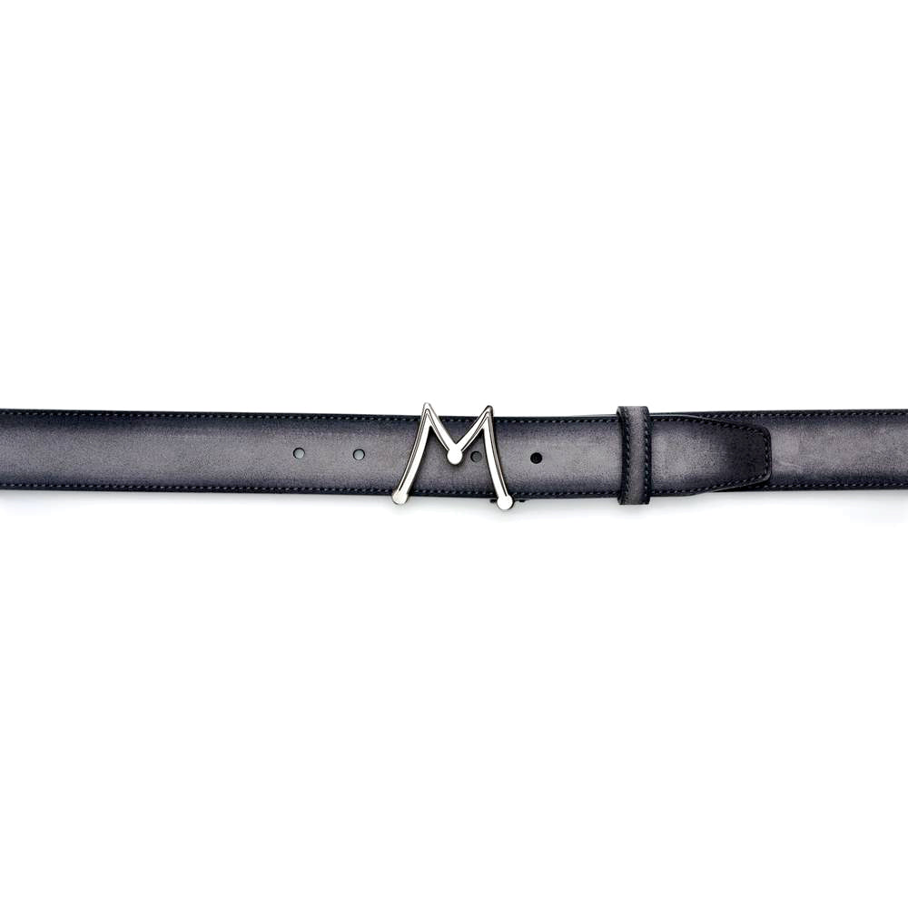 Grey Men's Suede Belt - Hand-Burnished Suede with Hi-Shine "M" Buckle - Mezlan Belts