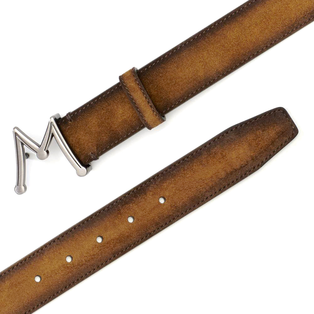 Tan Men's Suede Belt - Hand-Burnished Suede with Hi-Shine "M" Buckle - Mezlan Belts