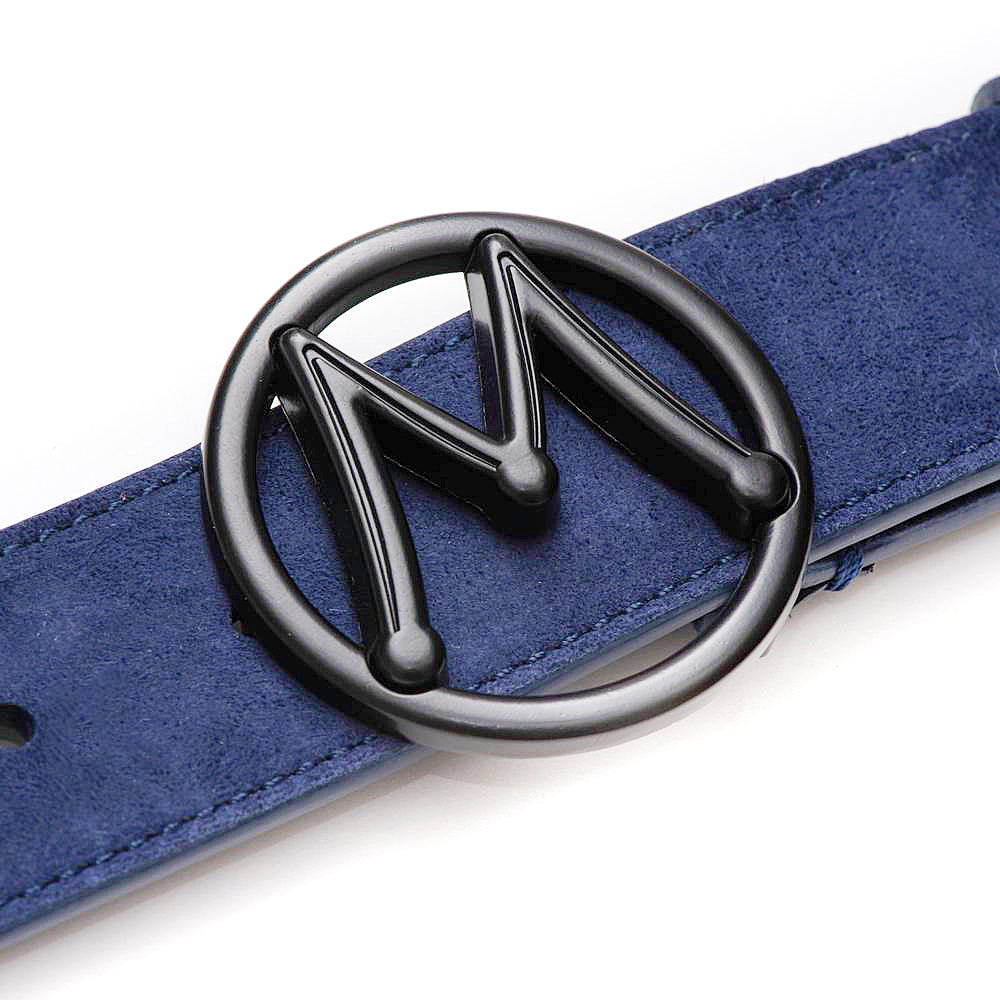  Blue Men's Designer Suede Belt with Black Nickel Circle "M" Icon Buckle - Mezlan Belts