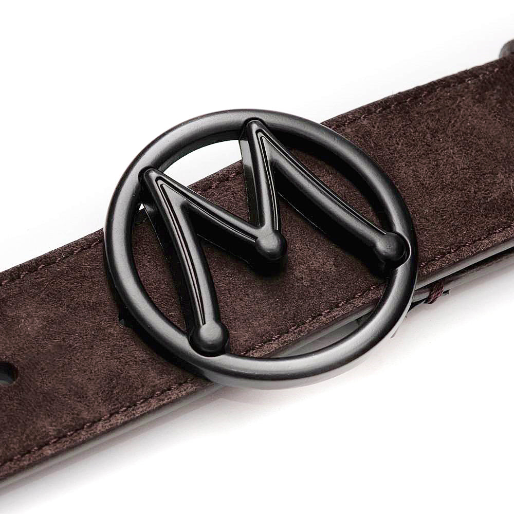  Brown Men's Designer Suede Belt with Black Nickel Circle "M" Icon Buckle - Mezlan Belts