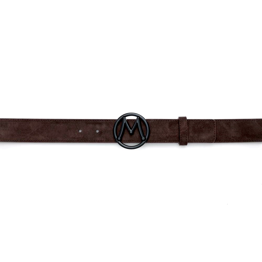  Brown Men's Designer Suede Belt with Black Nickel Circle "M" Icon Buckle - Mezlan Belts