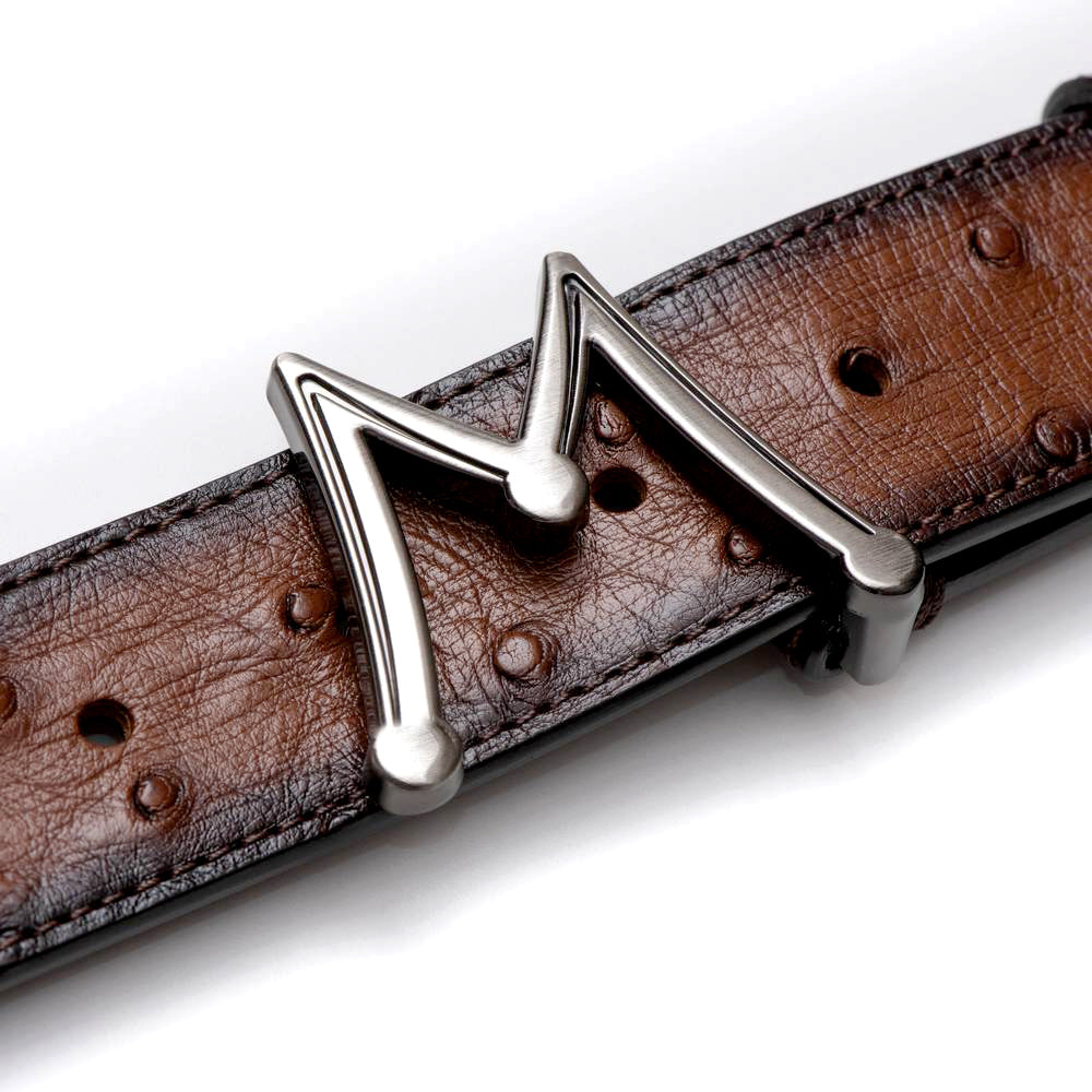 Men's Ostrich Skin Belt in Brandy with Hand-Burnished Patina - Mezlan Belts