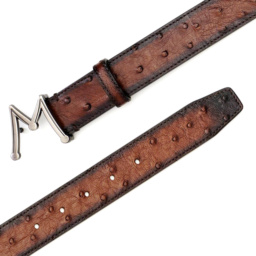 Men's Ostrich Skin Belt in Brandy with Hand-Burnished Patina - Mezlan Belts