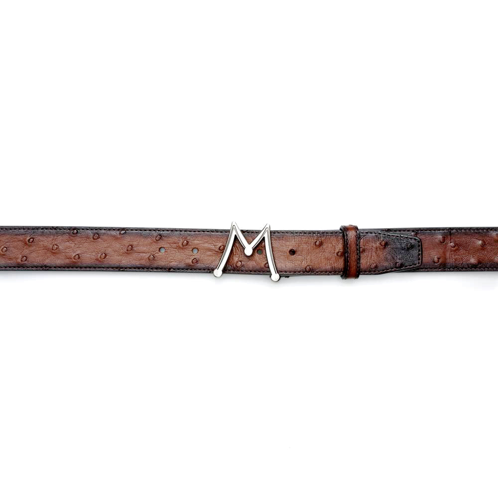 Men's Ostrich Skin Belt in Brandy with Hand-Burnished Patina - Mezlan Belts