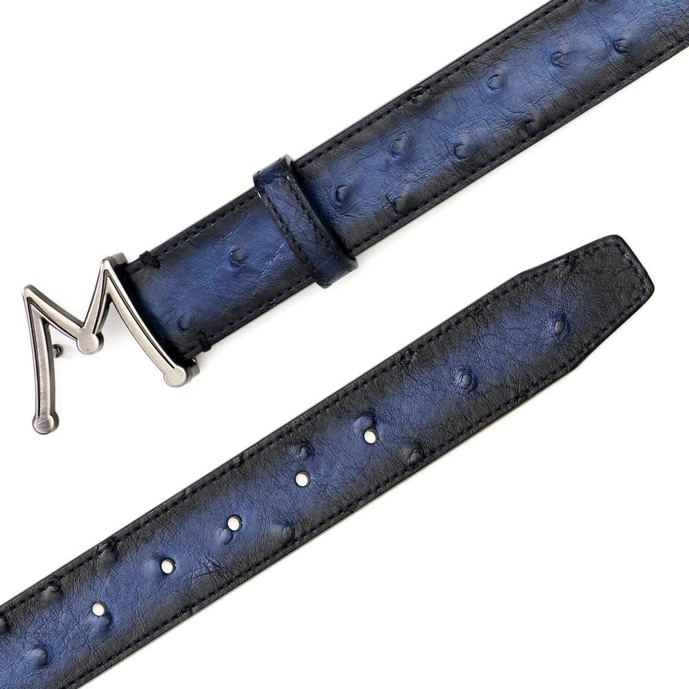 Blue Men's Ostrich Skin Belt with Hand-Burnished Patina - Mezlan Belts