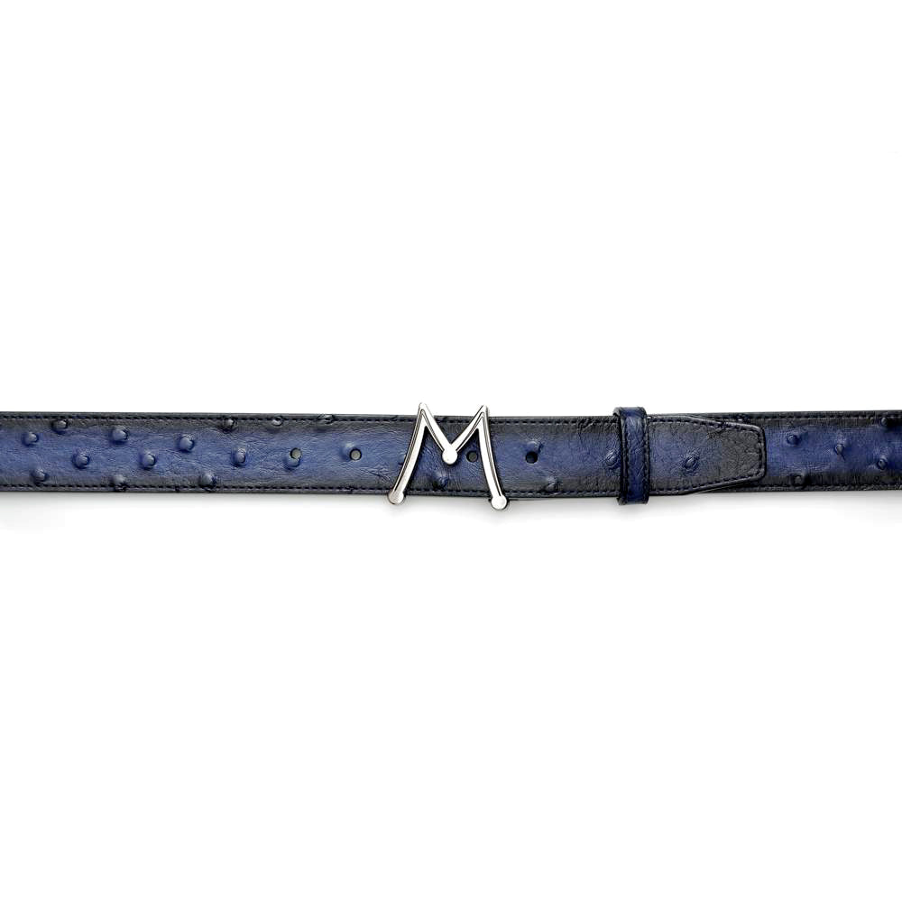 Blue Men's Ostrich Skin Belt with Hand-Burnished Patina - Mezlan Belts
