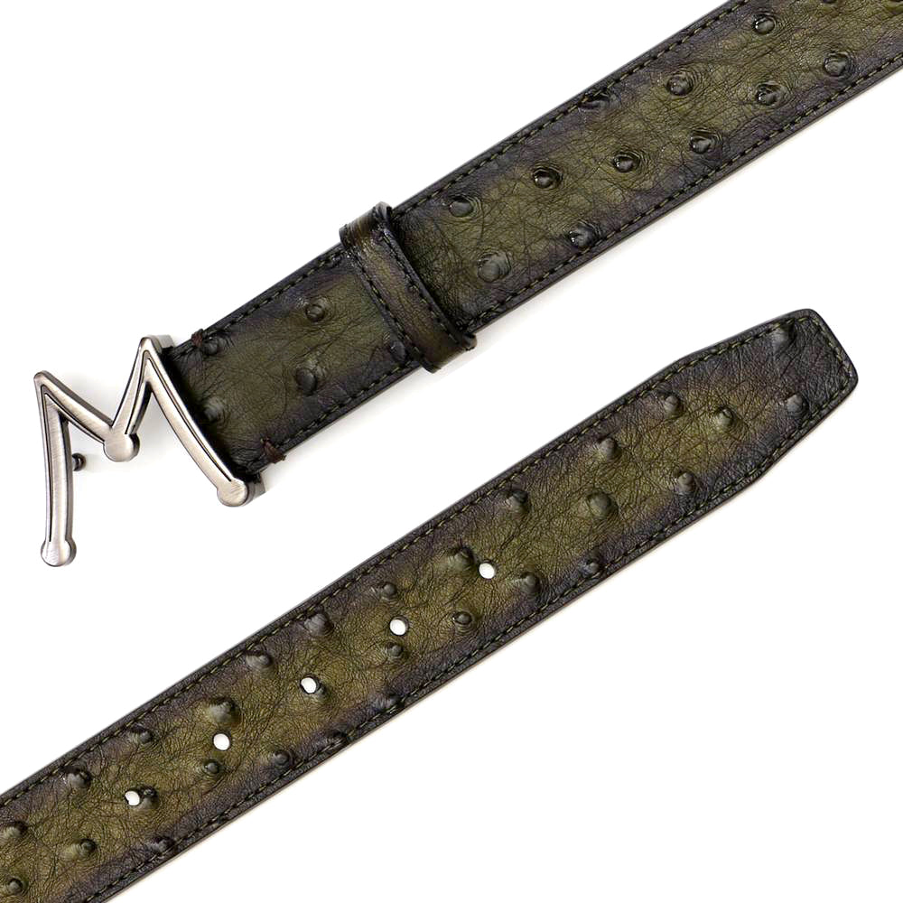 Olive Men's Ostrich Skin Belt with Hand-Burnished Patina - Mezlan Belts