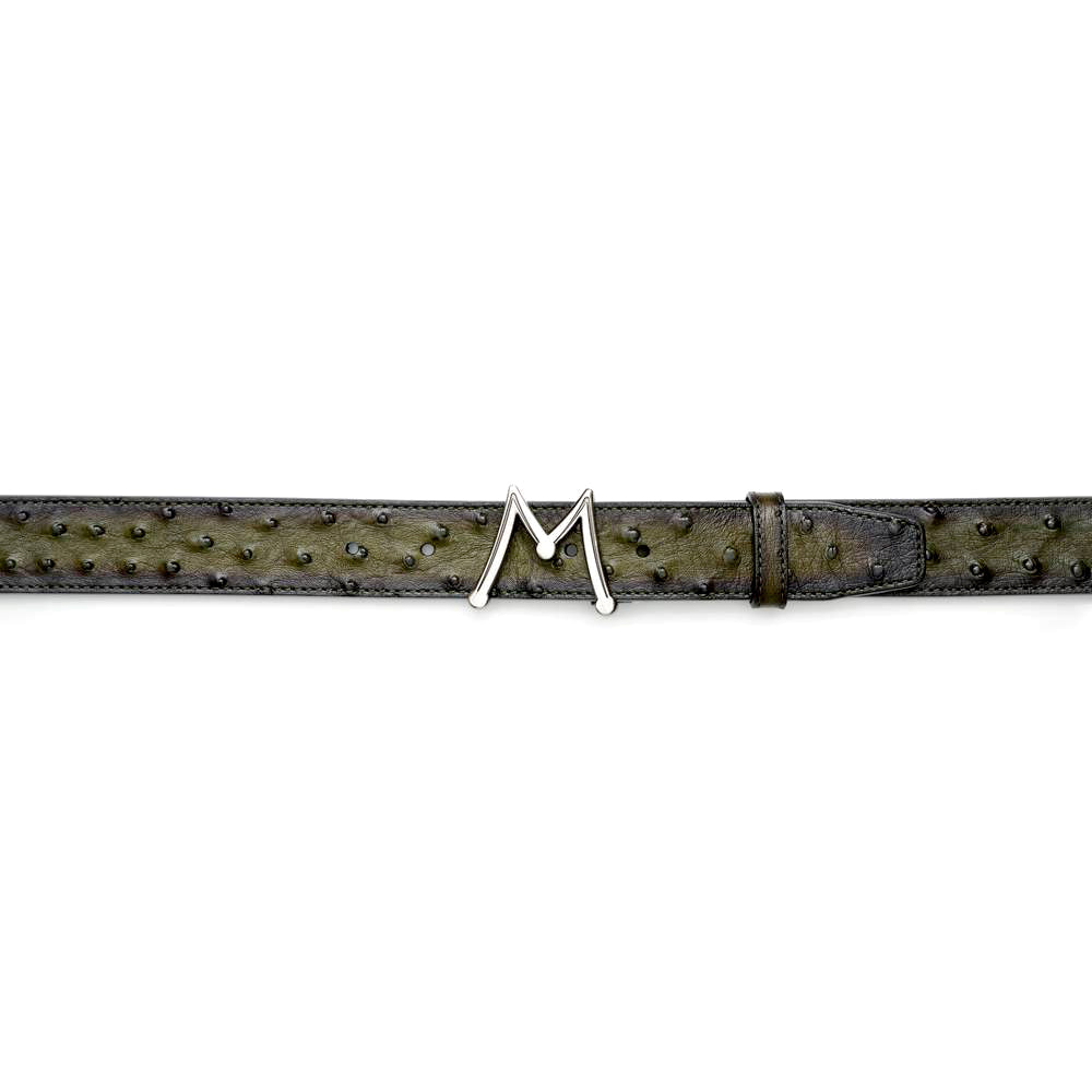 Men's Ostrich Skin Belt in Olive with Hand-Burnished Patina - Mezlan Belts