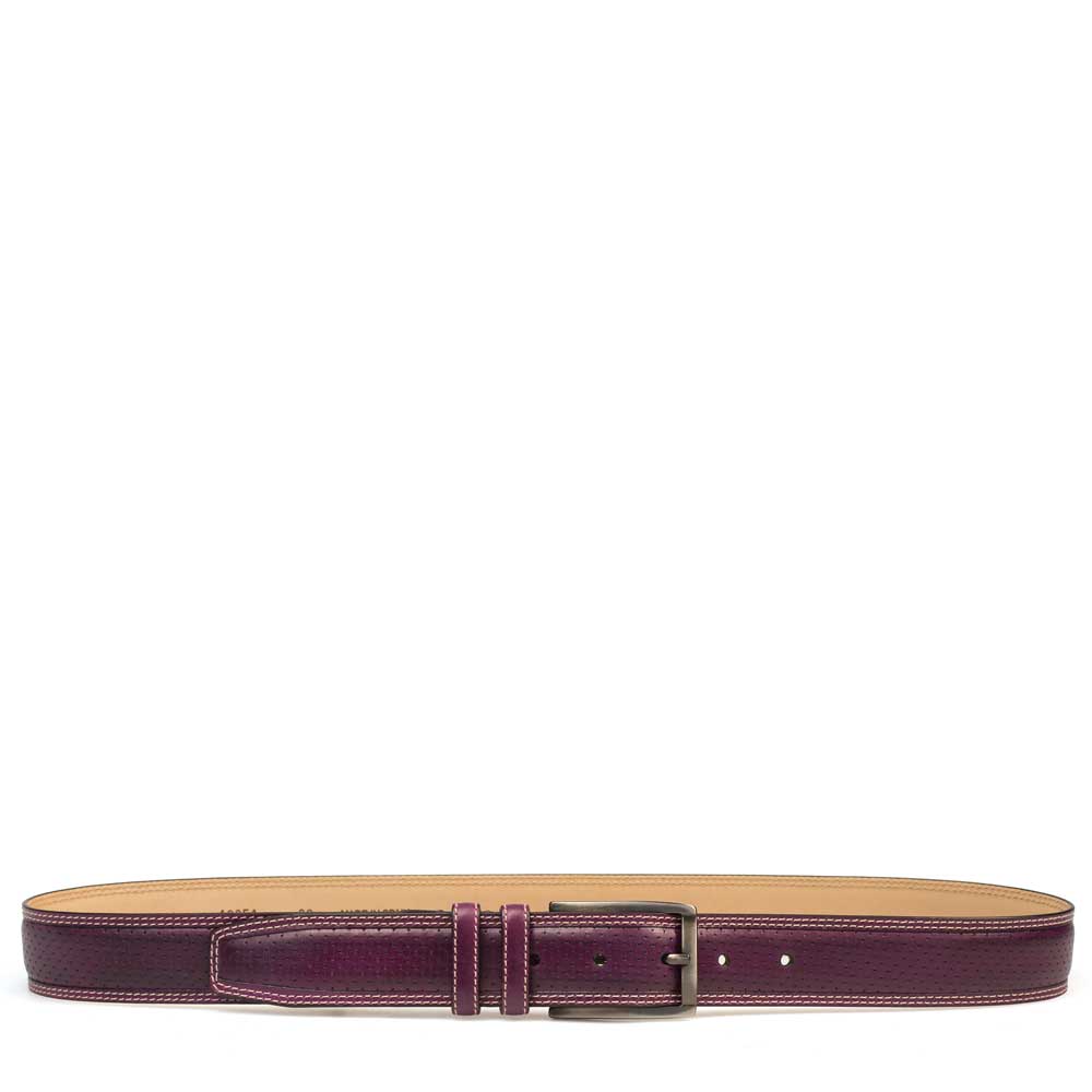 Purple Burgundy Men's Perforated Calfskin Belt on Sale with Smooth Leather Edge - Mezlan Warehouse