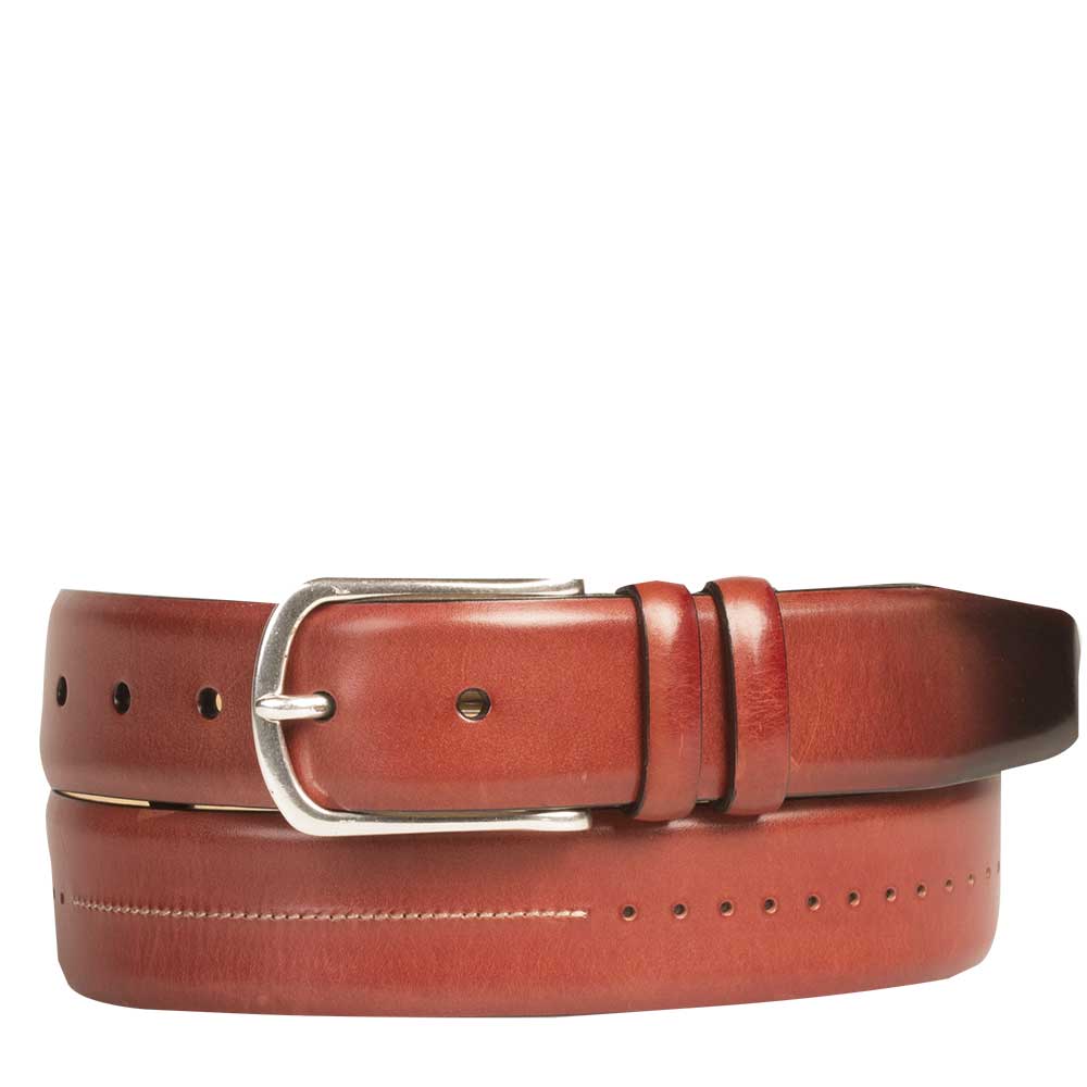 Rust Red Calfskin Men's Belt on Sale with Center-Seam and Perforated Design - Mezlan Warehouse