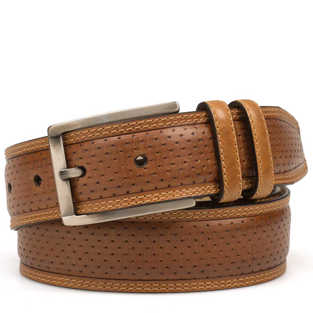 Honey Light Tan Brown Men's Perforated Calfskin Belt on Sale with Smooth Leather Edge - Mezlan Warehouse