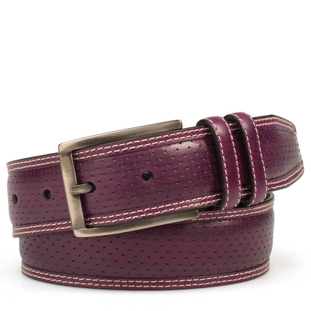 Purple Burgundy Men's Perforated Calfskin Belt on Sale with Smooth Leather Edge - Mezlan Warehouse