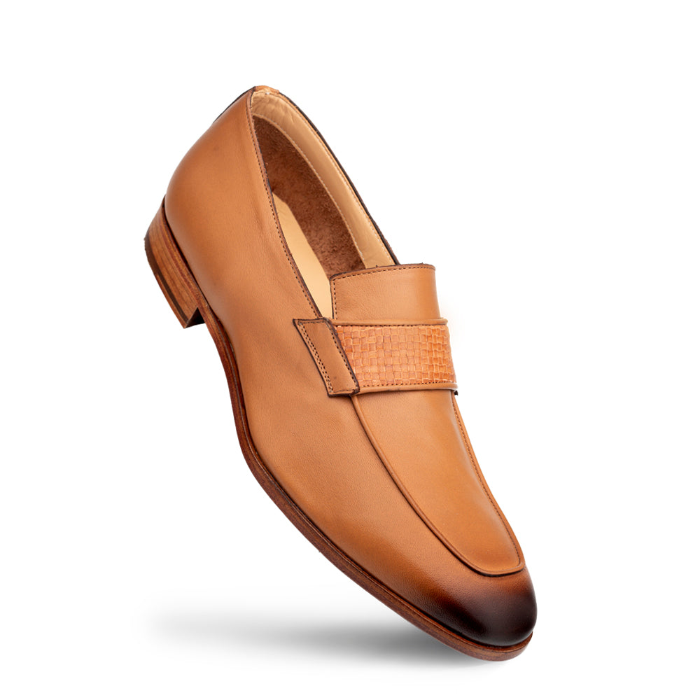 Men's Designer Loafer in Cognac Tan Light Brown- Hand Burnished with Braided Saddle on Sale - Mezlan Warehouse