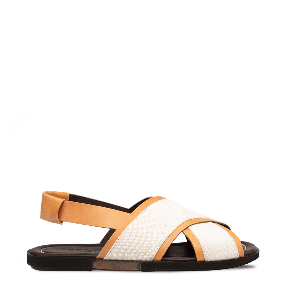 Calf/Linen Cross-Strap Sandal