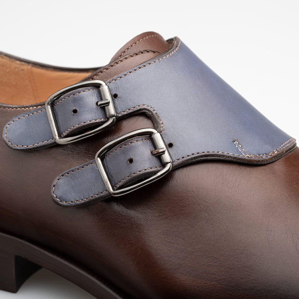 Brown and Blue Mens Double Buckle Monk Strap - Duo-Colored, Hand-Stained Patina - Mezlan
